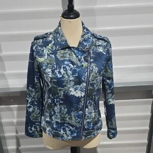 Colleen Lopez Blue Floral Faux Leather Moto Jacket Size Medium